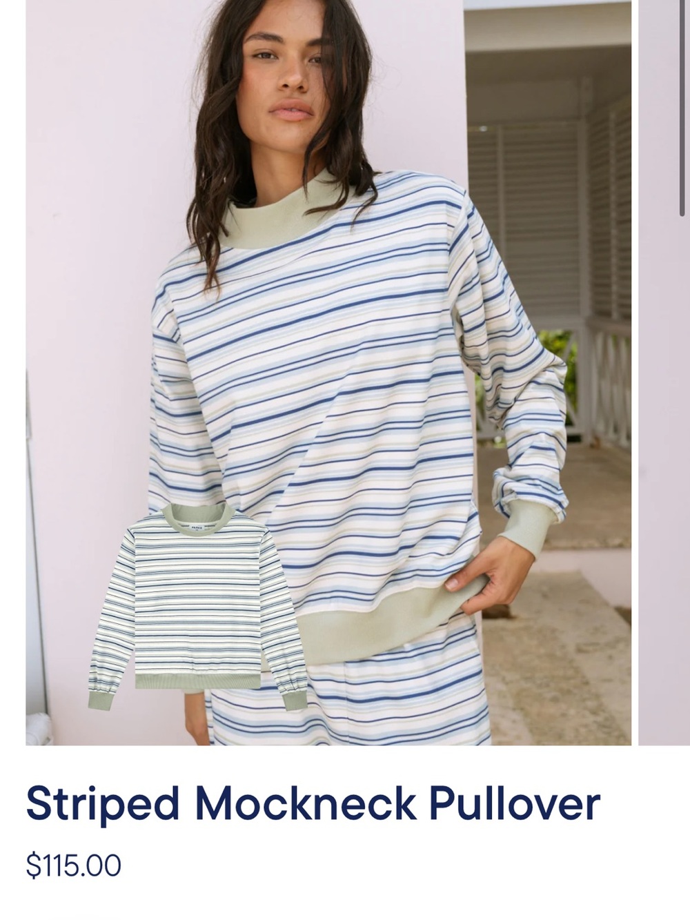 Striped Mockneck Pullover Sweater in Sage and White